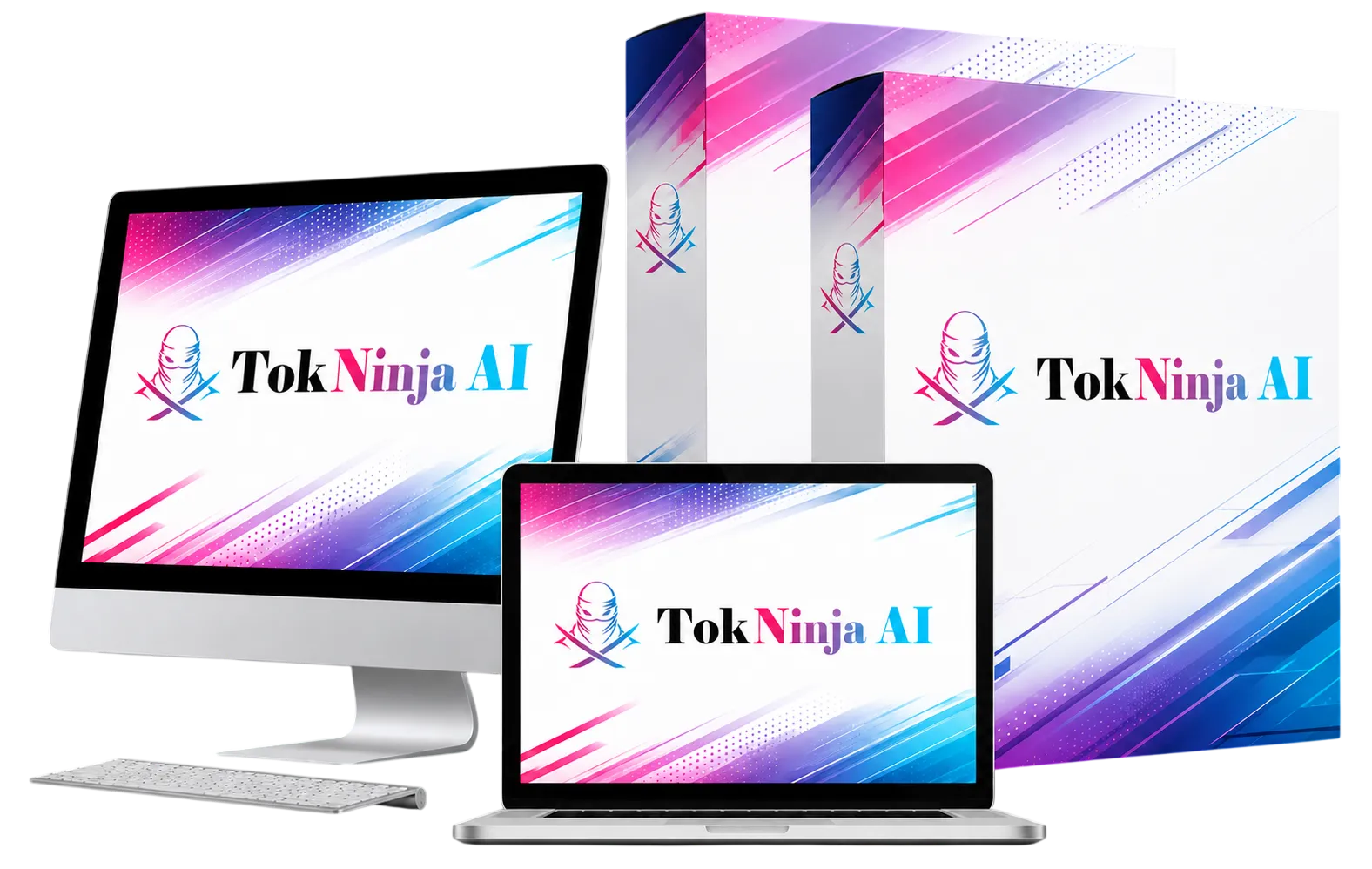 TokNinja AI software box and dashboard preview on desktop, laptop and monitor screens